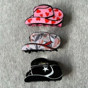 NEW Western Cowboy Hat Hair Claw Clips (Glazed Mauve, Black & Pink Heart) (3pcs)